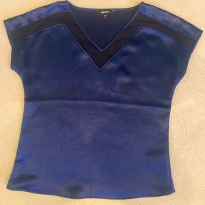 small midnight blue blouse w/peekaboo see through black neckline and shoulders.